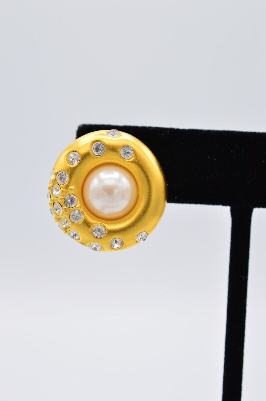 Givenchy Vintage Pearl Rhinestone Crystal Clip On Earrings Brushed Gold 80s Bin8